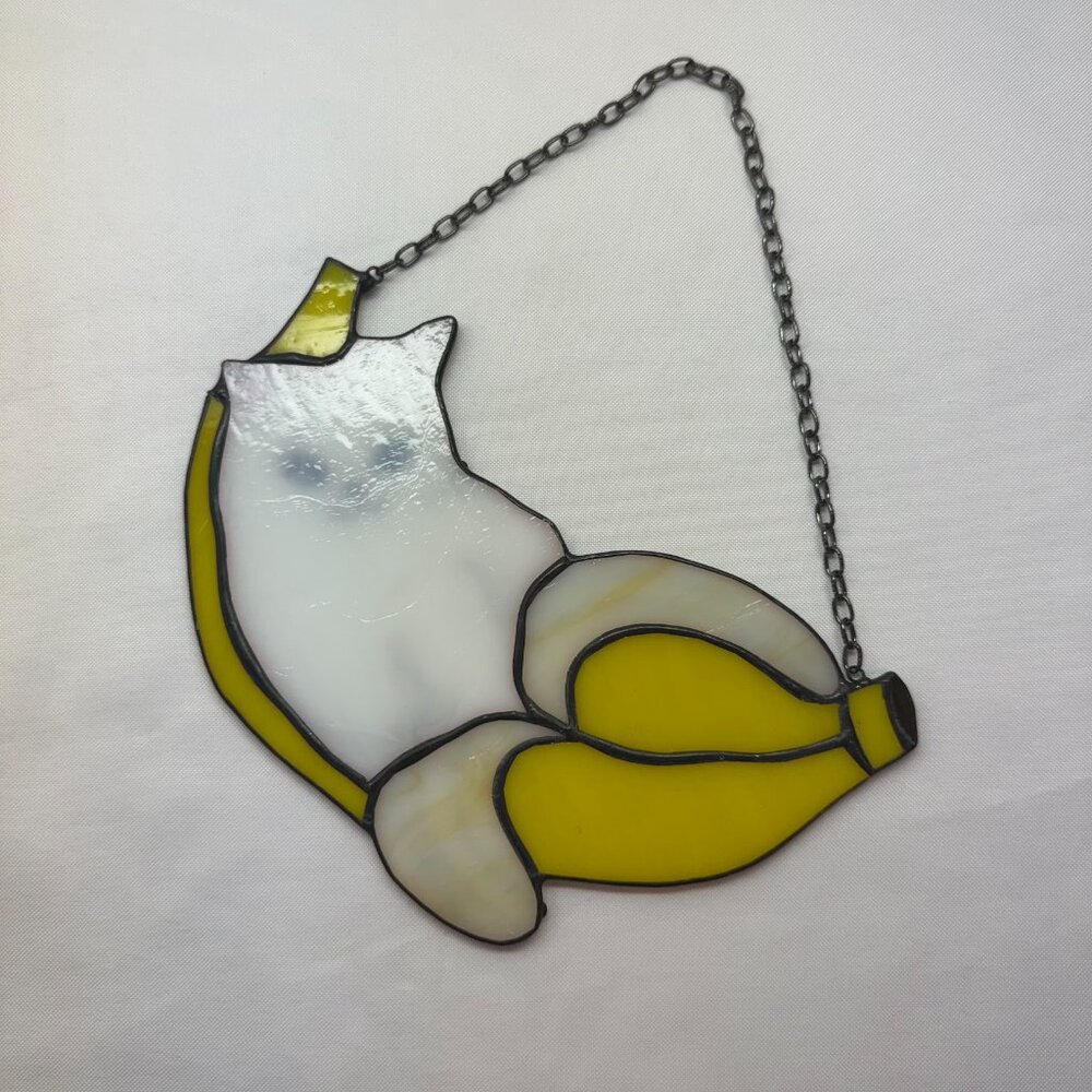 Cat in a Banana Hanging Stained Glass Sun Catcher - Picture 3 of 3